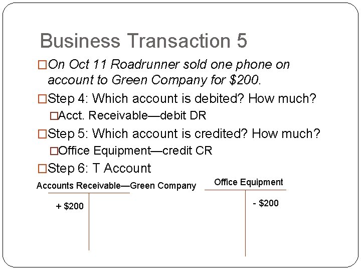 Business Transaction 5 �On Oct 11 Roadrunner sold one phone on account to Green