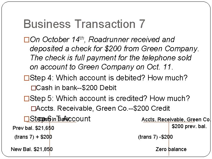 Business Transaction 7 �On October 14 th, Roadrunner received and deposited a check for