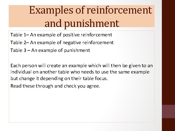 Examples of reinforcement and punishment Table 1– An example of positive reinforcement Table 2–
