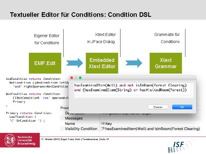 Textueller Editor für Conditions: Condition DSL Eigener Editor Xtext Editor Grammatik für Conditions in