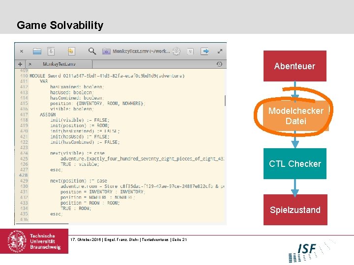 Game Solvability Abenteuer Modelchecker Datei CTL Checker Spielzustand 17. Oktober 2016 | Engel, Franz,