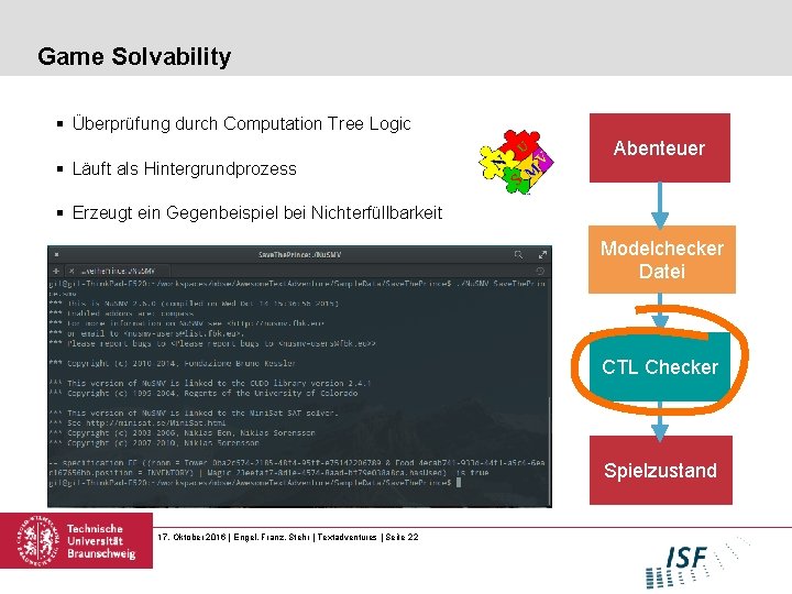 Game Solvability § Überprüfung durch Computation Tree Logic § Läuft als Hintergrundprozess Abenteuer §