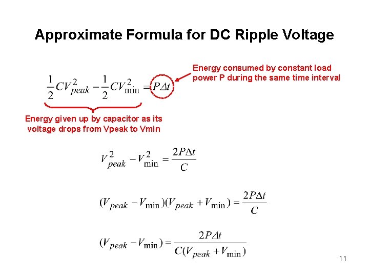 Approximate Formula for DC Ripple Voltage Energy consumed by constant load power P during