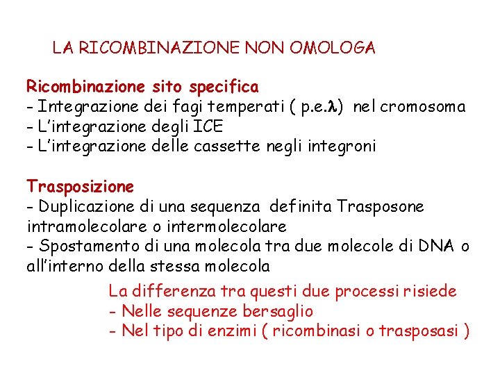 LA RICOMBINAZIONE NON OMOLOGA Ricombinazione sito specifica - Integrazione dei fagi temperati ( p.