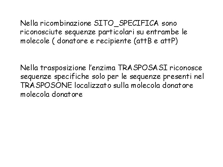 Nella ricombinazione SITO_SPECIFICA sono riconosciute sequenze particolari su entrambe le molecole ( donatore e
