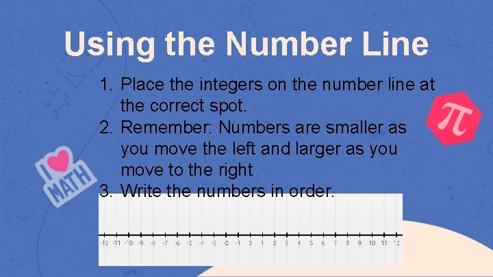 Using the Number Line 1. Place the integers on the number line at the