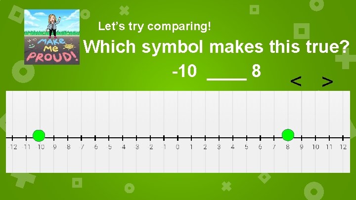Let’s try comparing! Which symbol makes this true? -10 ____ 8 > > 