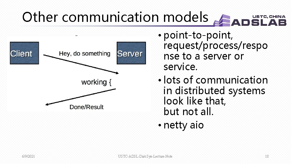 Other communication models • point-to-point, request/process/respo nse to a server or service. • lots