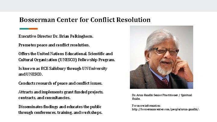 Bosserman Center for Conflict Resolution Executive Director Dr. Brian Polkinghorn. Promotes peace and conflict