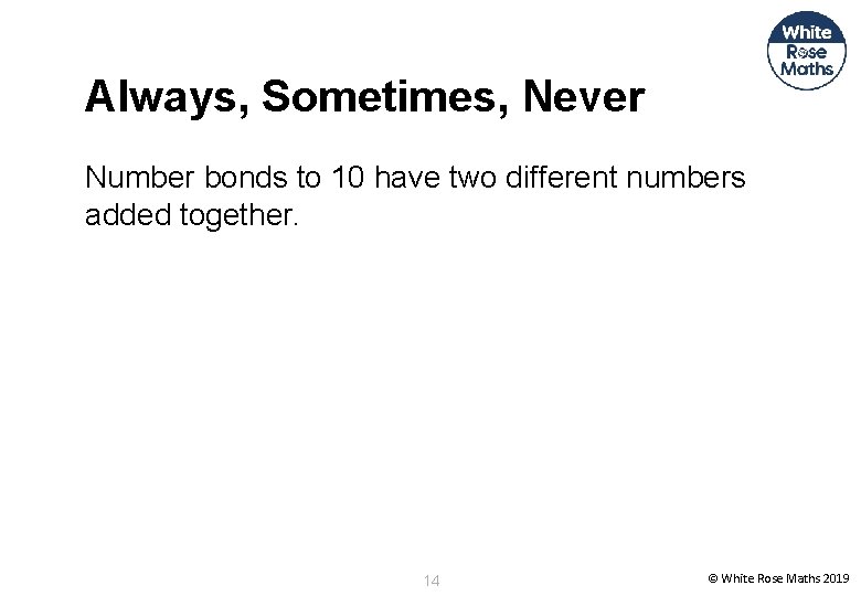 Always, Sometimes, Never Number bonds to 10 have two different numbers added together. 14