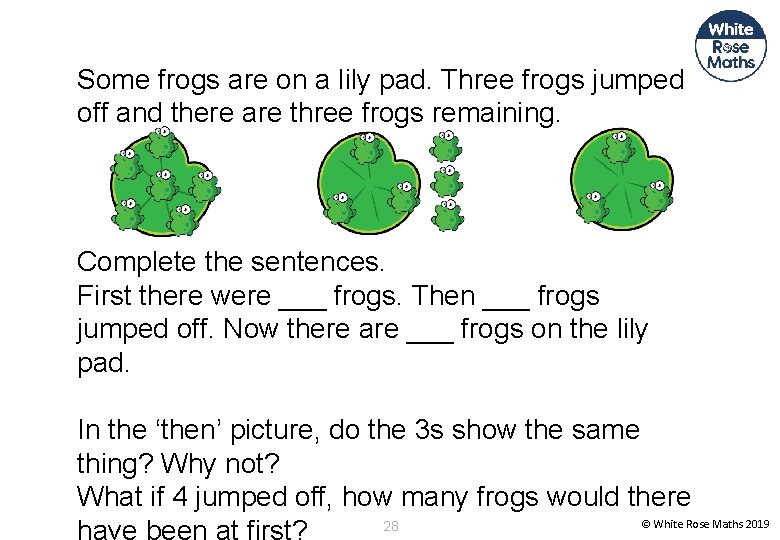 Some frogs are on a lily pad. Three frogs jumped off and there are