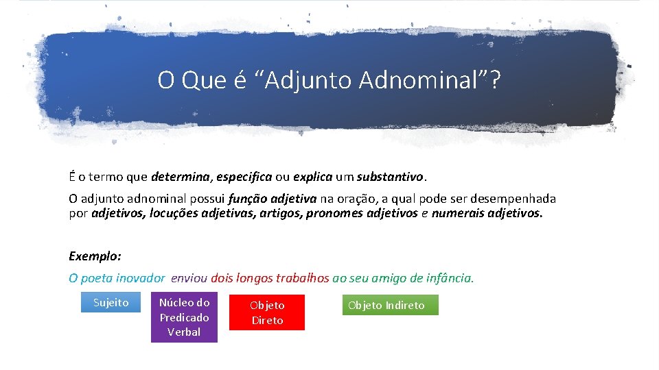 O Que é “Adjunto Adnominal”? É o termo que determina, especifica ou explica um