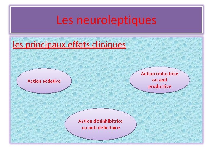 Les neuroleptiques les principaux effets cliniques Action réductrice ou anti productive Action sédative Action