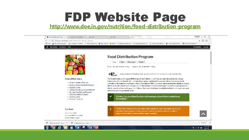 FDP Website Page http: //www. doe. in. gov/nutrition/food-distribution-program 