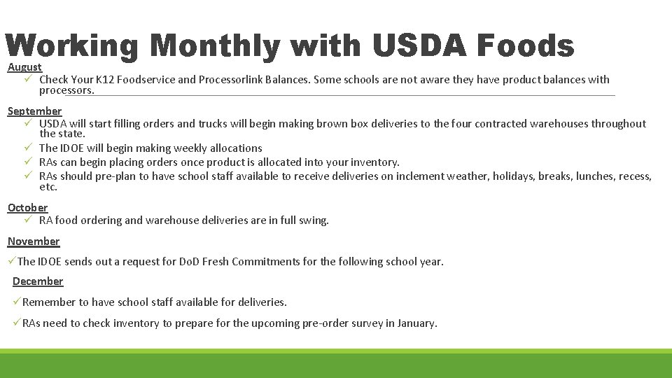 Working Monthly with USDA Foods August ü Check Your K 12 Foodservice and Processorlink
