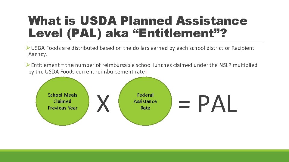 What is USDA Planned Assistance Level (PAL) aka “Entitlement”? ØUSDA Foods are distributed based