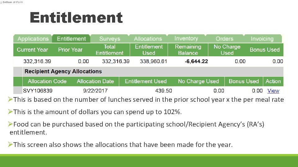 Entitlement ØThis is based on the number of lunches served in the prior school