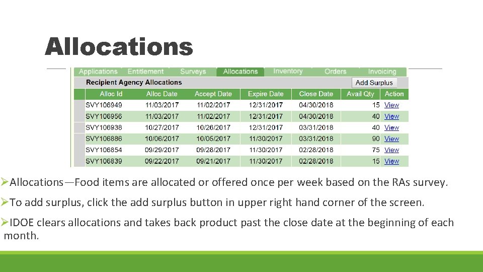Allocations ØAllocations—Food items are allocated or offered once per week based on the RAs