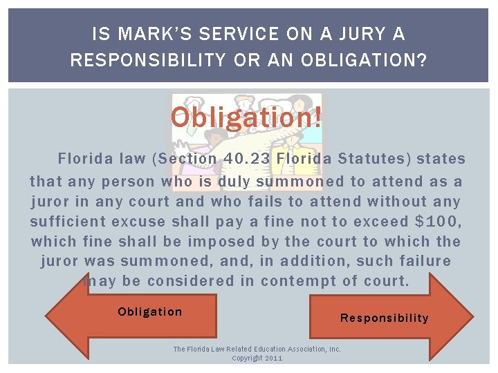 IS MARK’S SERVICE ON A JURY A RESPONSIBILITY OR AN OBLIGATION? Obligation! Florida law