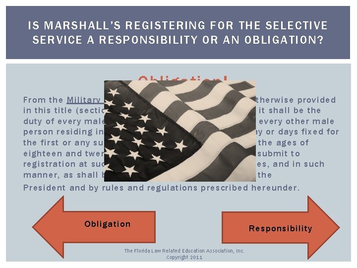 IS MARSHALL’S REGISTERING FOR THE SELECTIVE SERVICE A RESPONSIBILITY OR AN OBLIGATION? Obligation! From