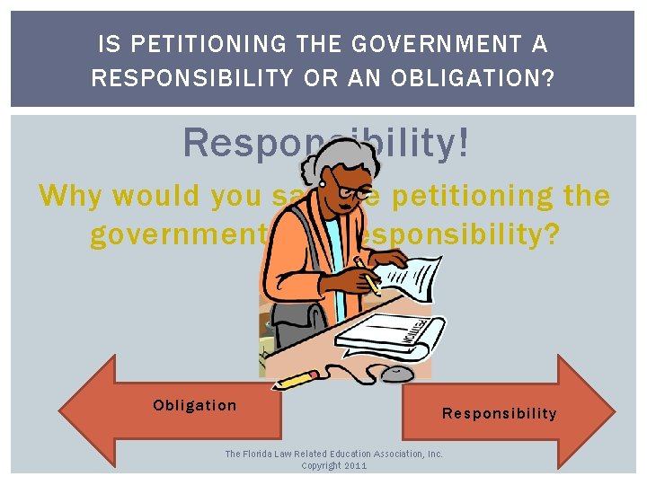 IS PETITIONING THE GOVERNMENT A RESPONSIBILITY OR AN OBLIGATION? Responsibility! Why would you say