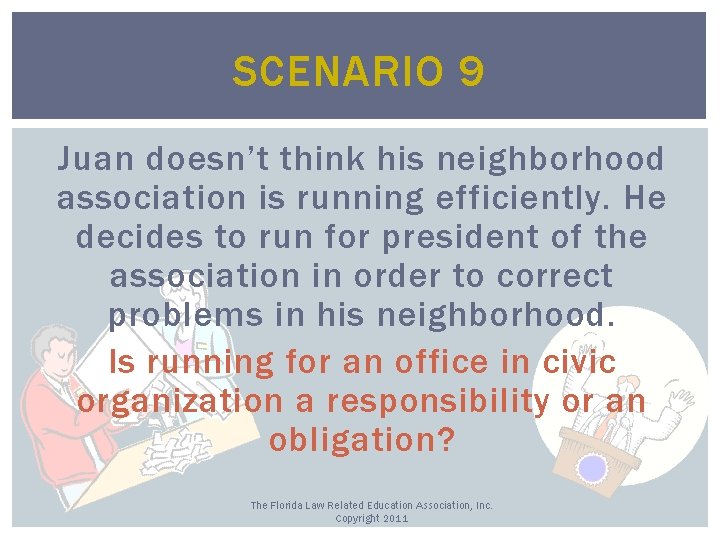 SCENARIO 9 Juan doesn’t think his neighborhood association is running efficiently. He decides to