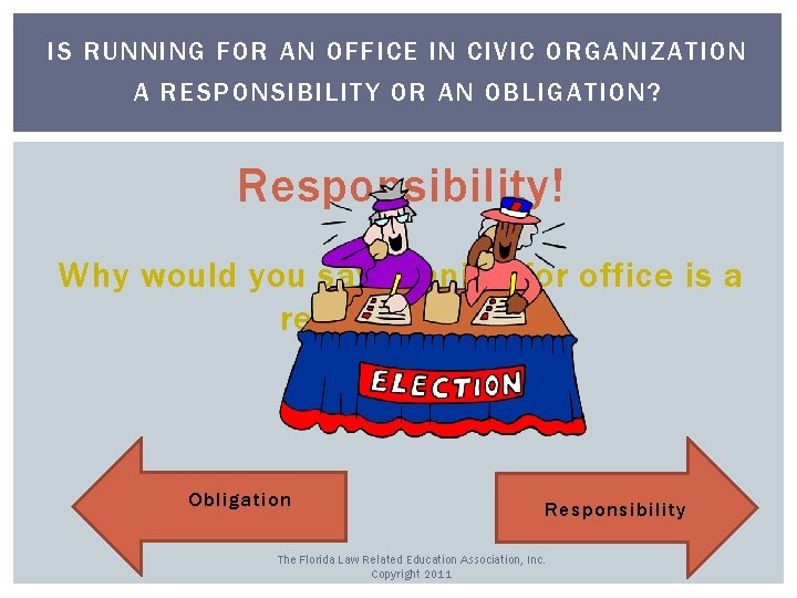 IS RUNNING FOR AN OFFICE IN CIVIC ORGANIZATION A RESPONSIBILITY OR AN OBLIGATION? Responsibility!