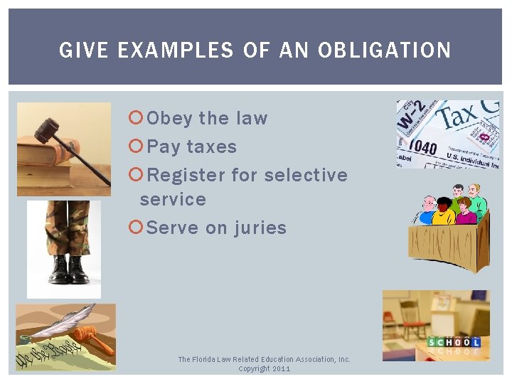 GIVE EXAMPLES OF AN OBLIGATION Obey the law Pay taxes Register for selective service