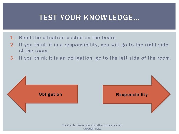 TEST YOUR KNOWLEDGE… 1. Read the situation posted on the board. 2. If you