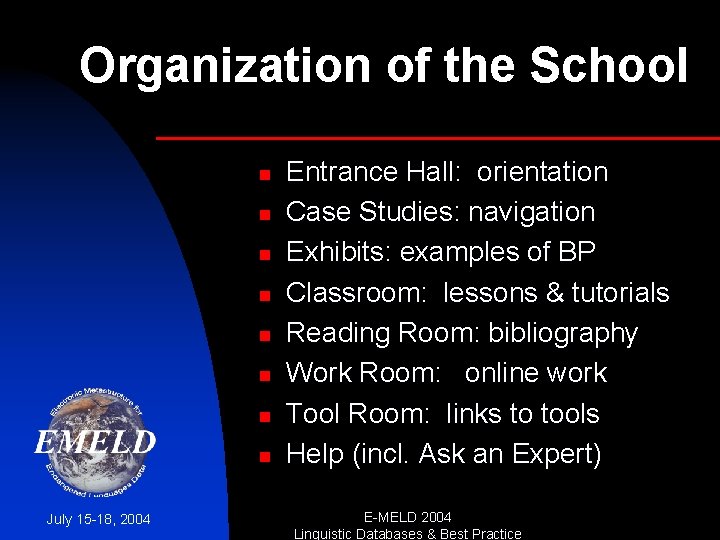 Organization of the School n n n n July 15 -18, 2004 Entrance Hall:
