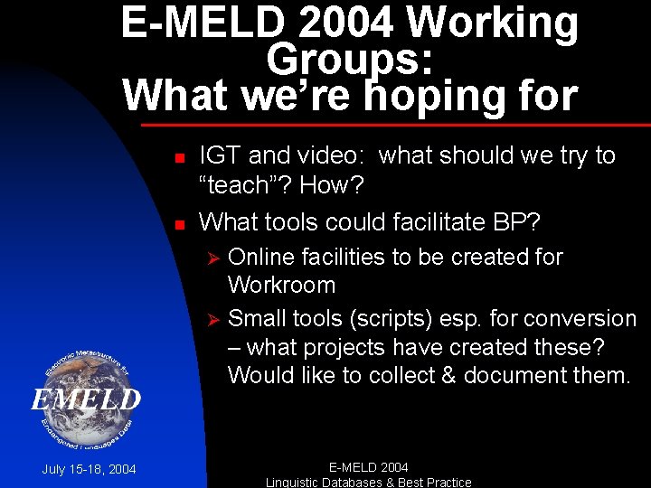 E-MELD 2004 Working Groups: What we’re hoping for n n IGT and video: what