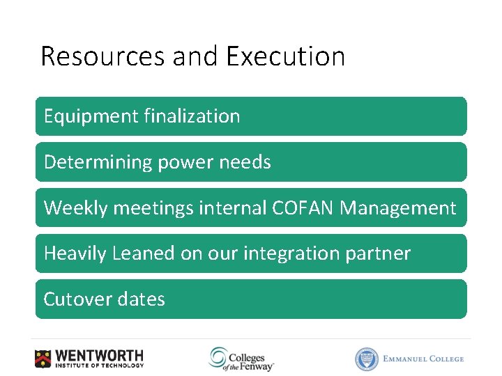 Resources and Execution Equipment finalization Determining power needs Weekly meetings internal COFAN Management Heavily