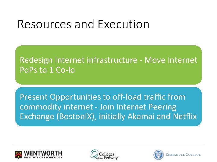Resources and Execution Redesign Internet infrastructure - Move Internet Po. Ps to 1 Co-lo