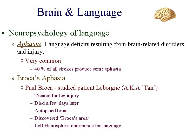 Brain & Language • Neuropsychology of language » Aphasia: Language deficits resulting from brain-related