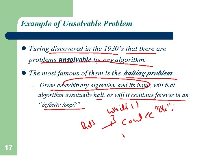Example of Unsolvable Problem Turing discovered in the 1930’s that there are problems unsolvable Example of Unsolvable Problem Turing discovered in the 1930’s that there are problems unsolvable