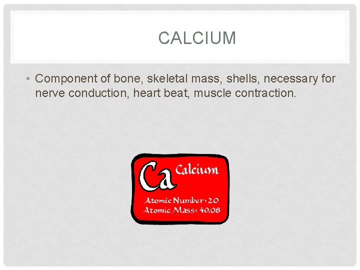 CALCIUM • Component of bone, skeletal mass, shells, necessary for nerve conduction, heart beat,