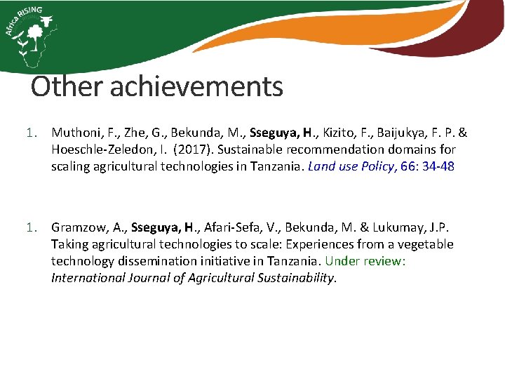 Other achievements 1. Muthoni, F. , Zhe, G. , Bekunda, M. , Sseguya, H.