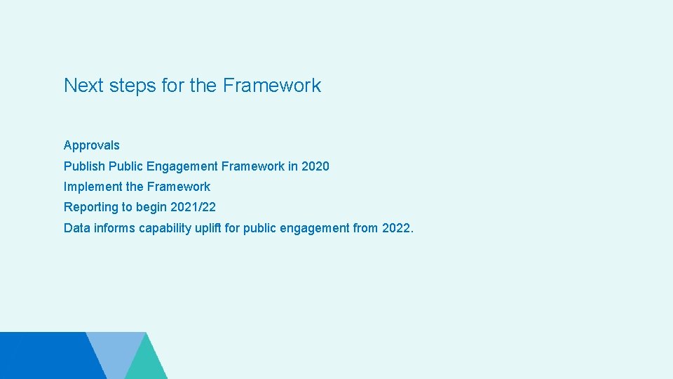 Next steps for the Framework Approvals Publish Public Engagement Framework in 2020 Implement the