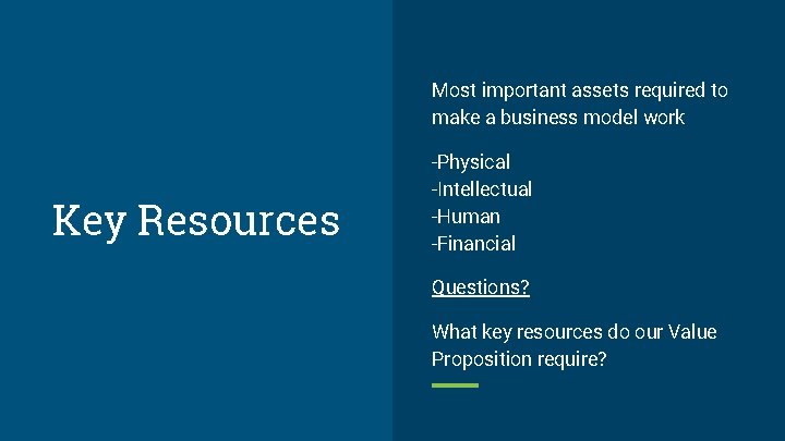 Most important assets required to make a business model work Key Resources -Physical -Intellectual