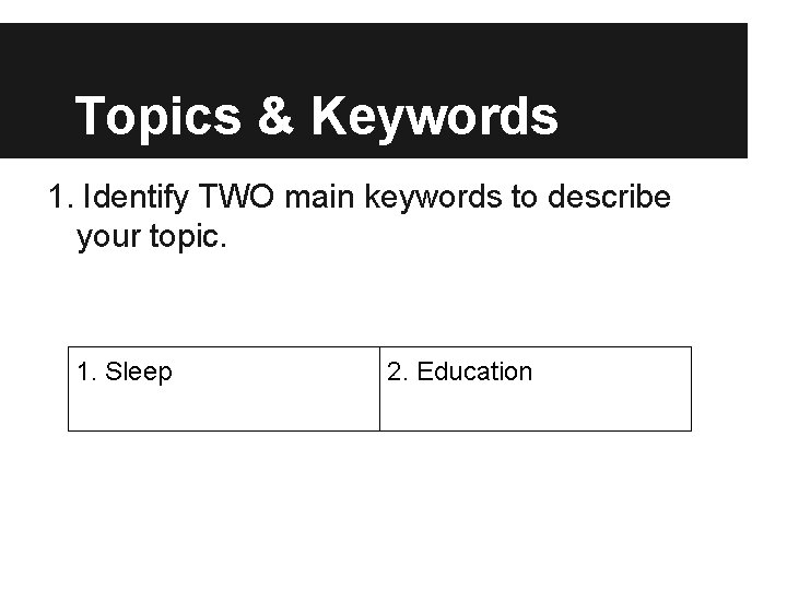 Topics & Keywords 1. Identify TWO main keywords to describe your topic. 1. Sleep
