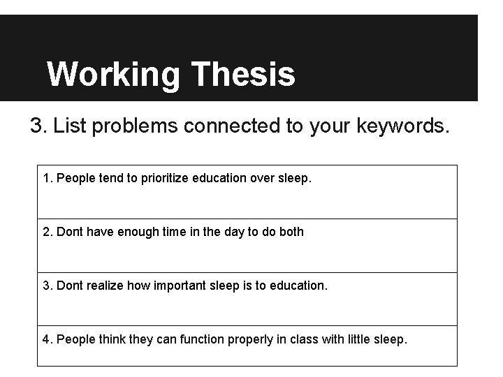 Working Thesis 3. List problems connected to your keywords. 1. People tend to prioritize