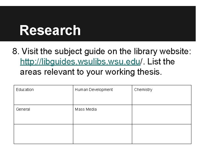Research 8. Visit the subject guide on the library website: http: //libguides. wsulibs. wsu.