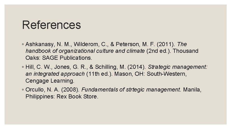 References ◦ Ashkanasy, N. M. , Wilderom, C. , & Peterson, M. F. (2011).