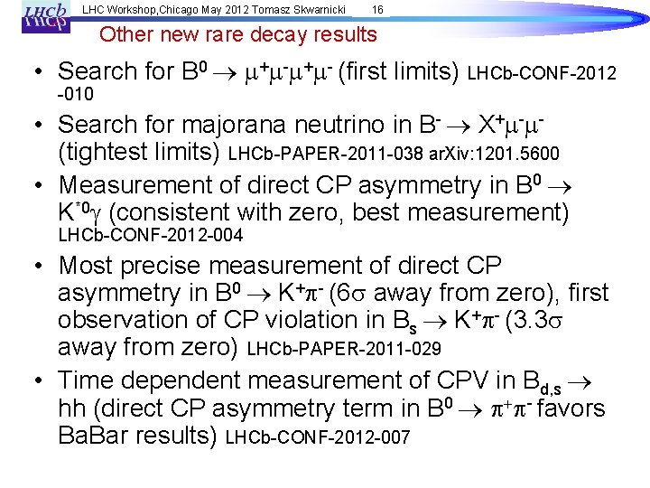 LHC Workshop, Chicago May 2012 Tomasz Skwarnicki 16 Other new rare decay results •