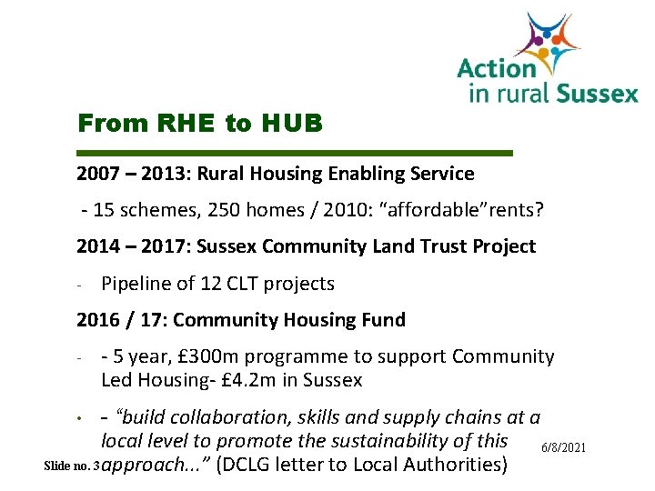 From RHE to HUB 2007 – 2013: Rural Housing Enabling Service - 15 schemes,