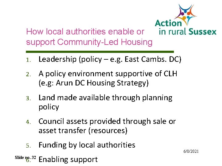 How local authorities enable or support Community-Led Housing 1. Leadership (policy – e. g.