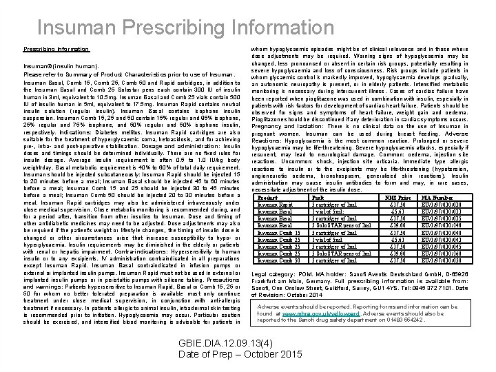 Insuman Prescribing Information Insuman® (insulin human). Please refer to Summary of Product Characteristics prior