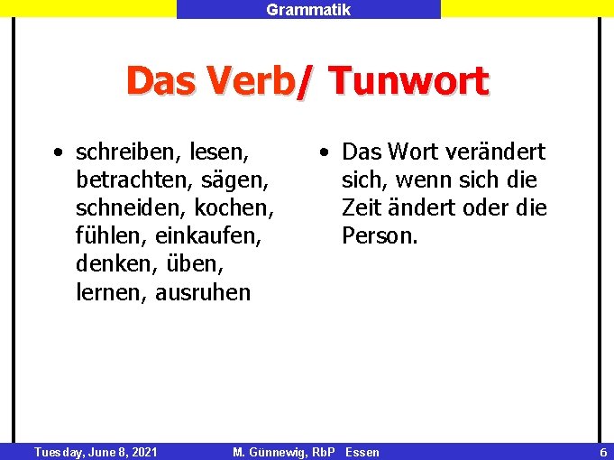 Grammatik Das Verb/ Tunwort • schreiben, lesen, betrachten, sägen, schneiden, kochen, fühlen, einkaufen, denken,