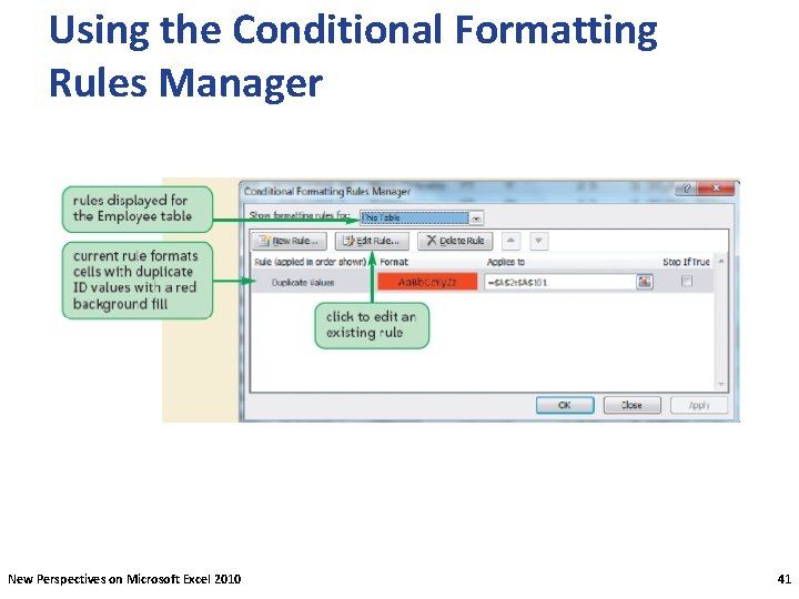 Using the Conditional Formatting Rules Manager New Perspectives on Microsoft Excel 2010 41 