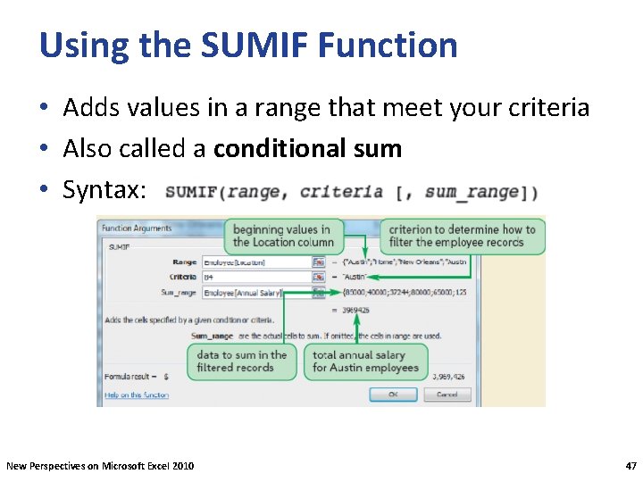 Using the SUMIF Function • Adds values in a range that meet your criteria